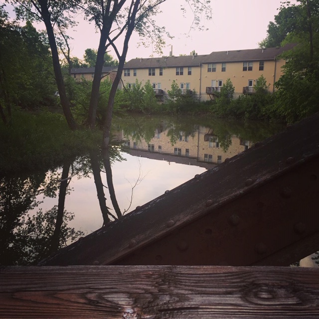Creek and apartment building