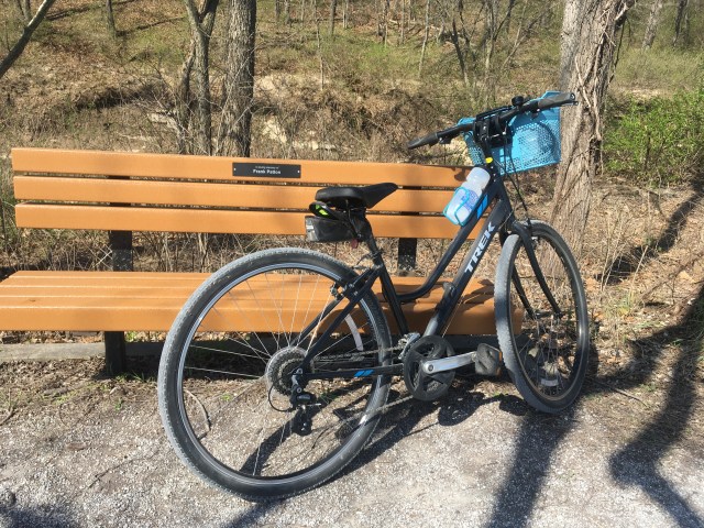 Bicycle propped at bench