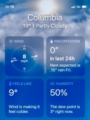 Screenshot of weather conditions. 19 degrees F, feels like 9.