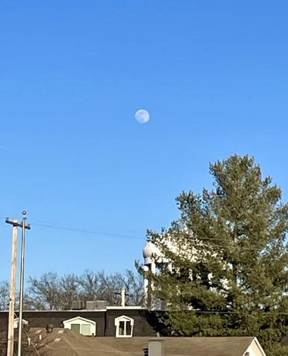 Nearly full moon in clear blue daytime sky.