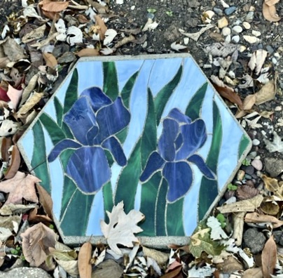 hexagonal stepping stone with purple iris
