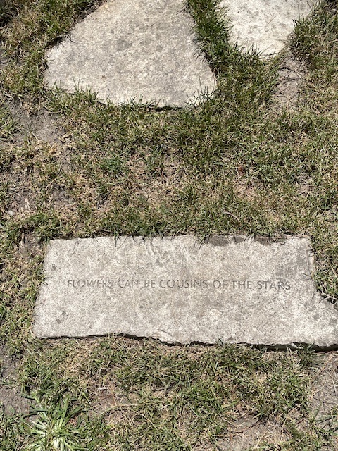 Stepping stone inscribed with words "Flowers can be cousins of the stars"