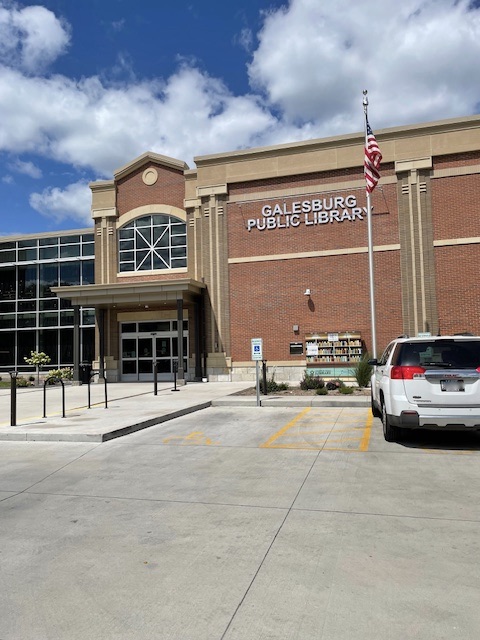 Spiffy building with the words Galesburg Public Library on the outer wall.