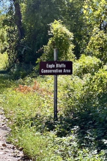 Signpost surrounded by brush with words "Eagle Bluffs Conservation Area"
