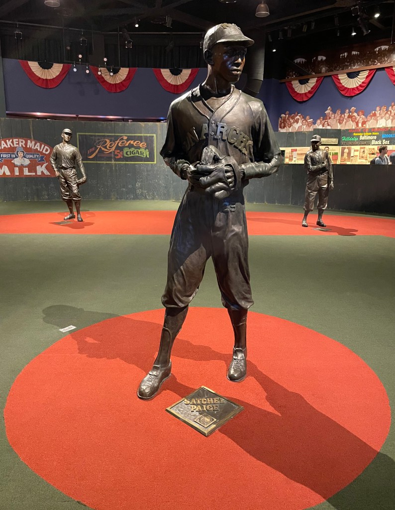 Statue of Satchel Paige on a replica pitching mound
