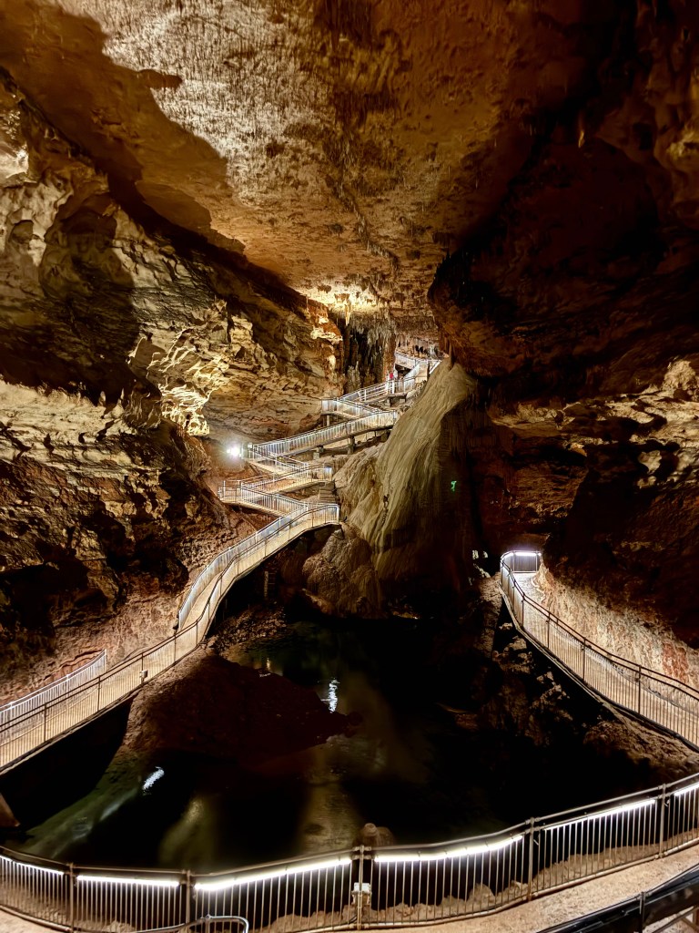 Walkways and handrails inside a very large cave system