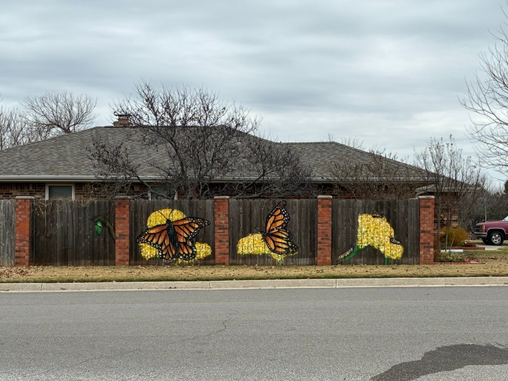 Privacy fence with monarch butterflies and caterpillars painted on sections.