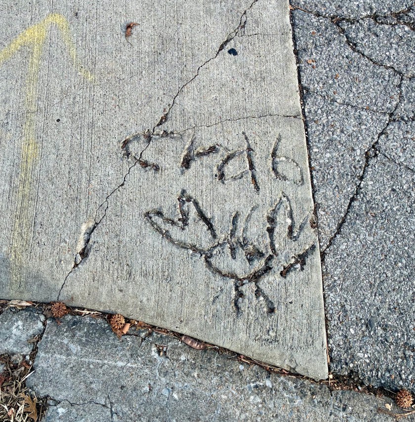 Pavement with crab etched into it beneath the word "crab," also etched.