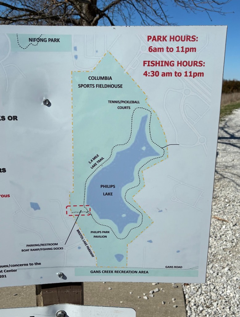 Map of Philips Lake with park hours: 6 am to 11 pm. Fishing hours: 4:30 am to 11 pm.