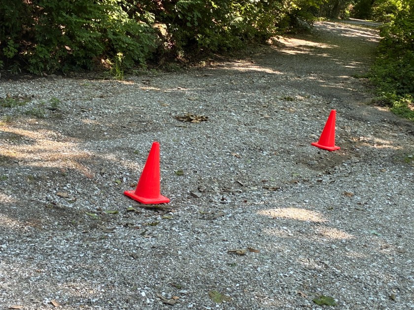 Two orange traffic cones on a deeply rutted gravel trail